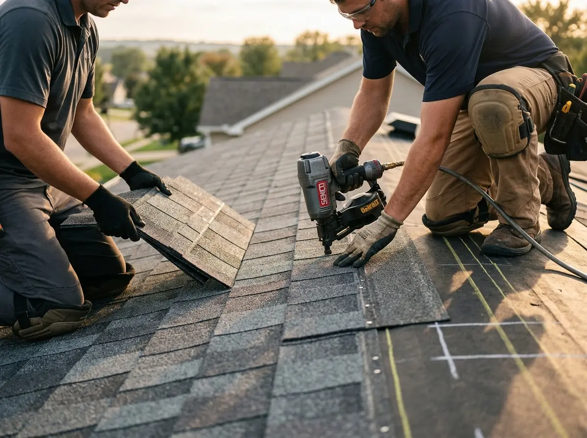 Professional roofer working on a residential roof in Valinda